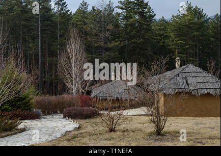 Archaeological park Topolnitsa with neolithic houses reconstruction for relax and traditional celebrate near village Chavdar, Sofia, Bulgaria, Europe Stock Photo