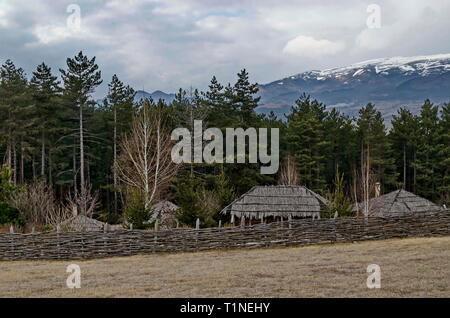 Archaeological park Topolnitsa with neolithic houses reconstruction for relax and traditional celebrate near village Chavdar, Sofia, Bulgaria, Europe Stock Photo