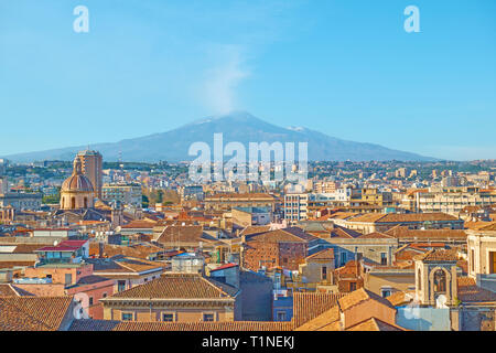 Panorama of the old town of Catania and Etna volcano in the background, Sicily Island, Italy Stock Photo