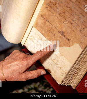 The Duchess of Cornwall looks at the signature of her relative, George Keppel the 3rd Earl of Albemarle in a book as she attends a reception at the Palacio de los Capitanes Generales in Havana, Cuba. Stock Photo