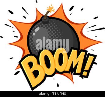 Round black bomb with burning fuse, drawn in retro pop art style. Cartoon comic vector illustration Stock Vector