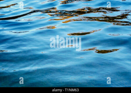 Reflections and shadows on a river on a sunny blue sky day. Stock Photo