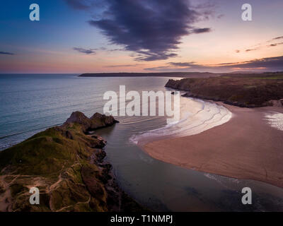 Aerial view of Three Cliffs Bay south coast beach the Gower Peninsula Swansea Wales uk Stock Photo