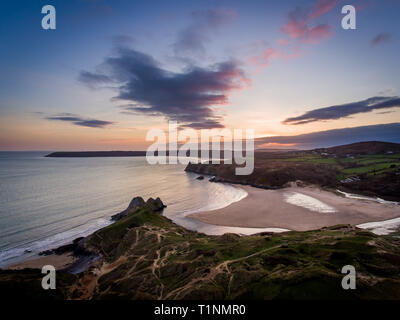 Aerial view of Three Cliffs Bay south coast beach the Gower Peninsula Swansea Wales uk Stock Photo