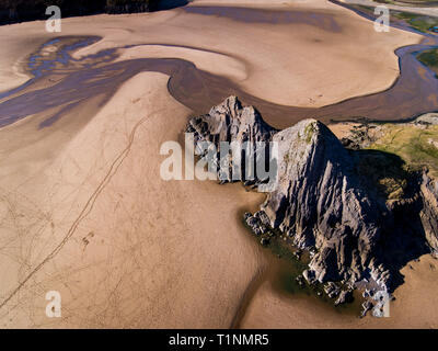 Aerial view of Three Cliffs Bay south coast beach the Gower Peninsula Swansea Wales uk Stock Photo