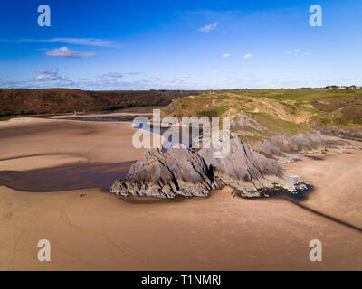 Aerial view of Three Cliffs Bay south coast beach the Gower Peninsula Swansea Wales uk Stock Photo