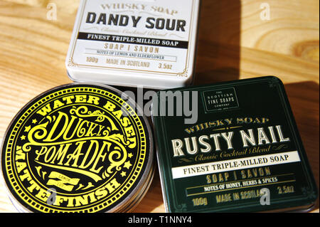 dandy sour and rusty nail. Whisky Cocktail Soaps in a Tin. Scottish Fine Soaps. ducky pomade Stock Photo