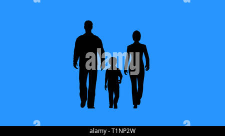 Family walking together. Family values or child adoption concept. Silhouettes of family on blue background. Stock Photo