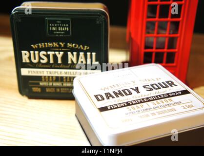 dandy sour and rusty nail. Whisky Cocktail Soaps in a Tin. Scottish Fine Soaps. Stock Photo