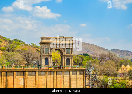 Hartbeespoort Dam Arch entrance with Crest gates monument on the flood dam in North west province Soyth Africa Stock Photo