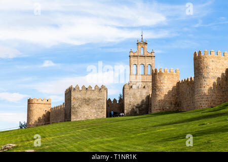 View of Puerta de Carmen and the medieval city walls surrounding the city of Avila, Spain. Called the Town of Stones and Saints, Avila is a UNESCO Wor Stock Photo