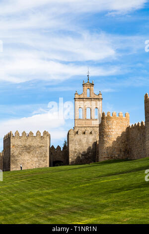 View of Puerta de Carmen and the medieval city walls surrounding the city of Avila, Spain. Called the Town of Stones and Saints, Avila is a UNESCO Wor Stock Photo