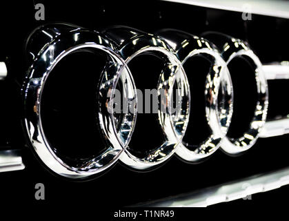 Salzburg, Austria - March 23rd, 2019: The Audi logo close up Stock Photo