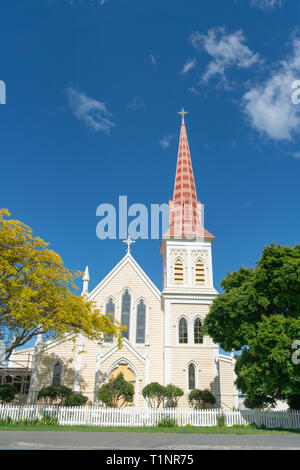 BLENHEIM NEW ZEALAND - OCTOBER 28 2018; St. Mary's Catholic Church in Blenheim with tall historic  pink clad bell tower. Stock Photo