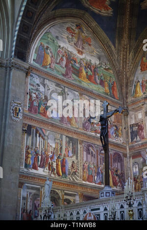 Frescos by Italian Renaissance painter Domenico Ghirlandaio and his workshop (1485-1490) in the Cappella Maggiore in the Basilica of Santa Maria Novella (Basilica di Santa Maria Novella) in Florence, Tuscany, Italy. Stock Photo