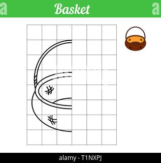 Basket. Vector game copy the picture. Simple coloring book with grid for printing and paint. Illustration easy game for education kids. Contour half o Stock Vector