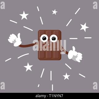 Cartoon chocolate. character. With big eyes, white-gloved hands and a smile among the stars. Candy with a face. Vector illustration of funny sweet cha Stock Vector