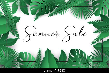 Summer sale banner. Poster tropical leaves vector design with black frame and text on a white background Stock Vector