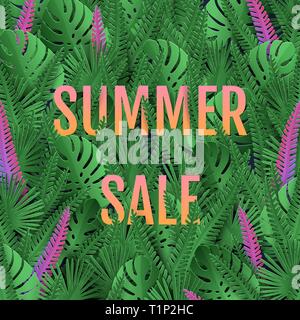 Summer sale banner. Poster tropical leaves vector design with gradient text in leaves and brigth gradient leaves Stock Vector