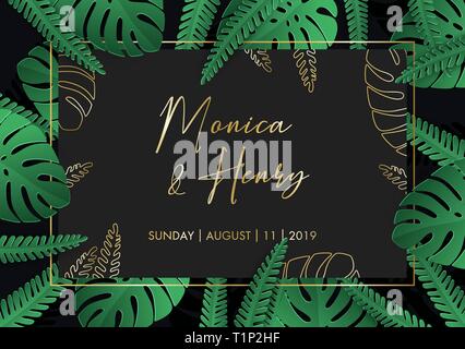 Wedding invitation in dark colors with golden details and metallic green tropical leaves. Golden frame and names. Stock Vector