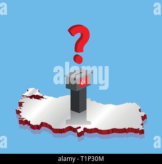 Turkish election results with question mark and voting ballot over Turkey 3D map. All the objects are in different layers and the text types do not ne Stock Vector