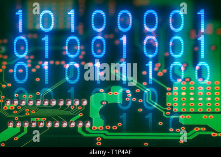 Binary code. Printed circuit board back side. Digital electronic background. Hardware component. Abstract green texture of PCB detail. Blue 0, 1 digit. Stock Photo