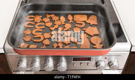 Sweet baked gingerbreads. Sheet pan on electric stove. Hot steam. Fresh aromatic pastries on silvery kitchen range with round knobs. Christmas cookies. Stock Photo