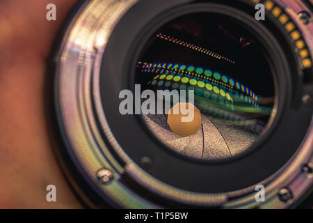 Close-up of a digital camera lens mount and aperture inside. Stock Photo