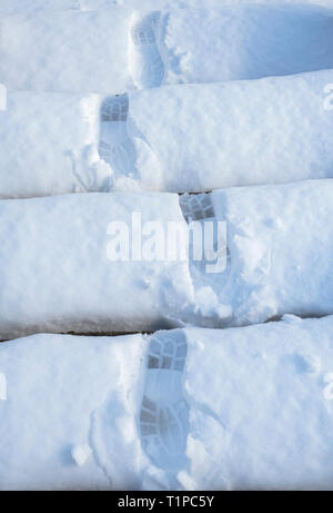 Boot prints on garden stone steps in the snow. Scotland Stock Photo