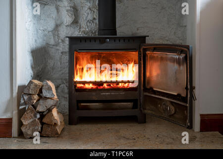 Wood burning in a woodburning stove with a pile of logs. Scotland Stock Photo