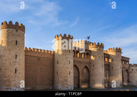 Zaragoza, Spain - Jan 2019: The exterior facade of Aljaferia Palace, rebuilt in the 20th century Stock Photo