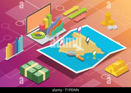 spain isometric business economy growth country with map and finance condition - vector Stock Vector
