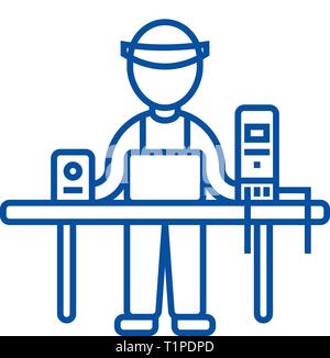 Computer service,pc specialist,enigneer line icon concept. Computer service,pc specialist,enigneer flat  vector symbol, sign, outline illustration. Stock Vector
