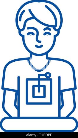Computer specialist line icon concept. Computer specialist flat  vector symbol, sign, outline illustration. Stock Vector
