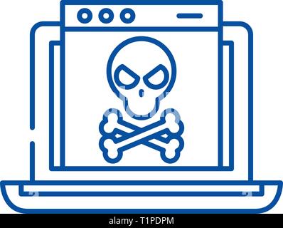 Computer virus and bugs line icon concept. Computer virus and bugs flat  vector symbol, sign, outline illustration. Stock Vector