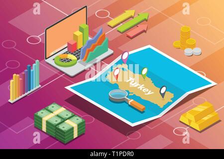 turkey republic isometric business economy growth country with map and finance condition - vector Stock Vector