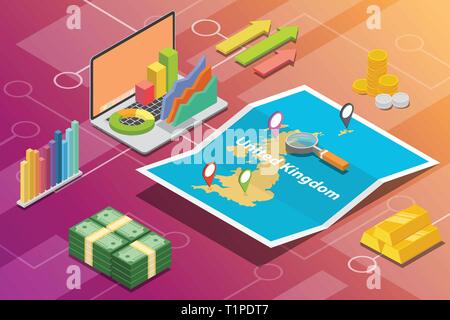 united kingdom uk isometric business economy growth country with map and finance condition - vector Stock Vector