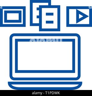 Content syncing,laptop media line icon concept. Content syncing,laptop media flat  vector symbol, sign, outline illustration. Stock Vector