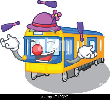 Juggling miniature subway train cartoon above table vector illustration Stock Vector