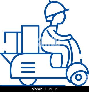 Courier on a motor scooter line icon concept. Courier on a motor scooter flat  vector symbol, sign, outline illustration. Stock Vector