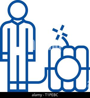 Debt problems,man with dynamite bomb  line icon concept. Debt problems,man with dynamite bomb  flat  vector symbol, sign, outline illustration. Stock Vector