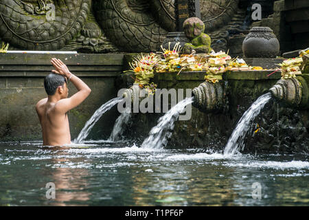 Bali, Indonesia - january 22, 2019:  Young man praying in the holy spring water of Pura Tirta Empul  temple in Tampa, Bali, Indonesia. Stock Photo