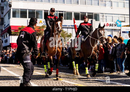 Izmir, Turkey - October 29, 2018: Mounted polices are riding horses in the day of Republic Turkey October 29. Stock Photo