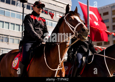 Izmir, Turkey - October 29, 2018: Mounted polices are riding horses in the day of Republic Turkey October 29. Stock Photo