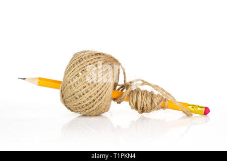 One whole yellow pencil with jute spool isolated on white background Stock Photo