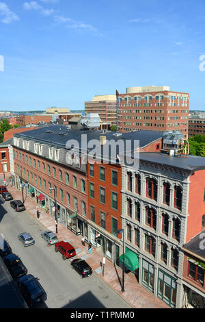 Portland Free Street at Old Port, Portland, Maine, USA. Old Port is filled with 19th century brick buildings. Stock Photo