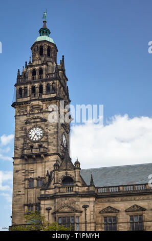 The view of the 64 metre high clock-tower of the Sheffield Town Hall which is surmounted by a statue of Vulcan. Sheffield. England Stock Photo