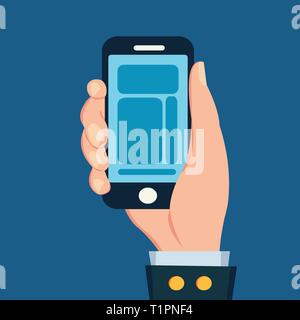 vector hand holding smart phone isolated on blue background Stock Vector