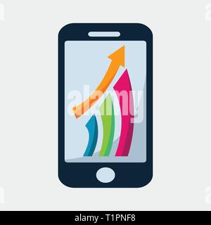 smartphone with arrow and colorful bars business chart graphs vector illustration Stock Vector