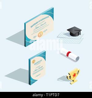 Isometric icons. Official certificates with turquoise design elements and graduation cap with shadow, scroll with red ribbon. Horizontal and vertical Stock Vector